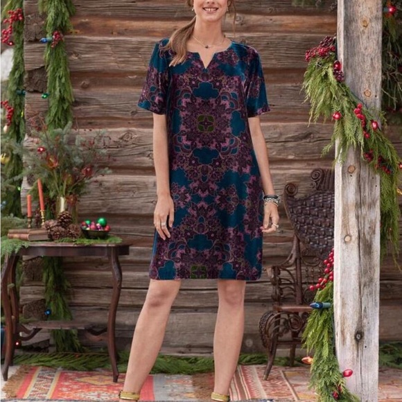 Sundance Velvet Floral Dress in Teal, with Shades of Purple and Pink & Green - Picture 1 of 10